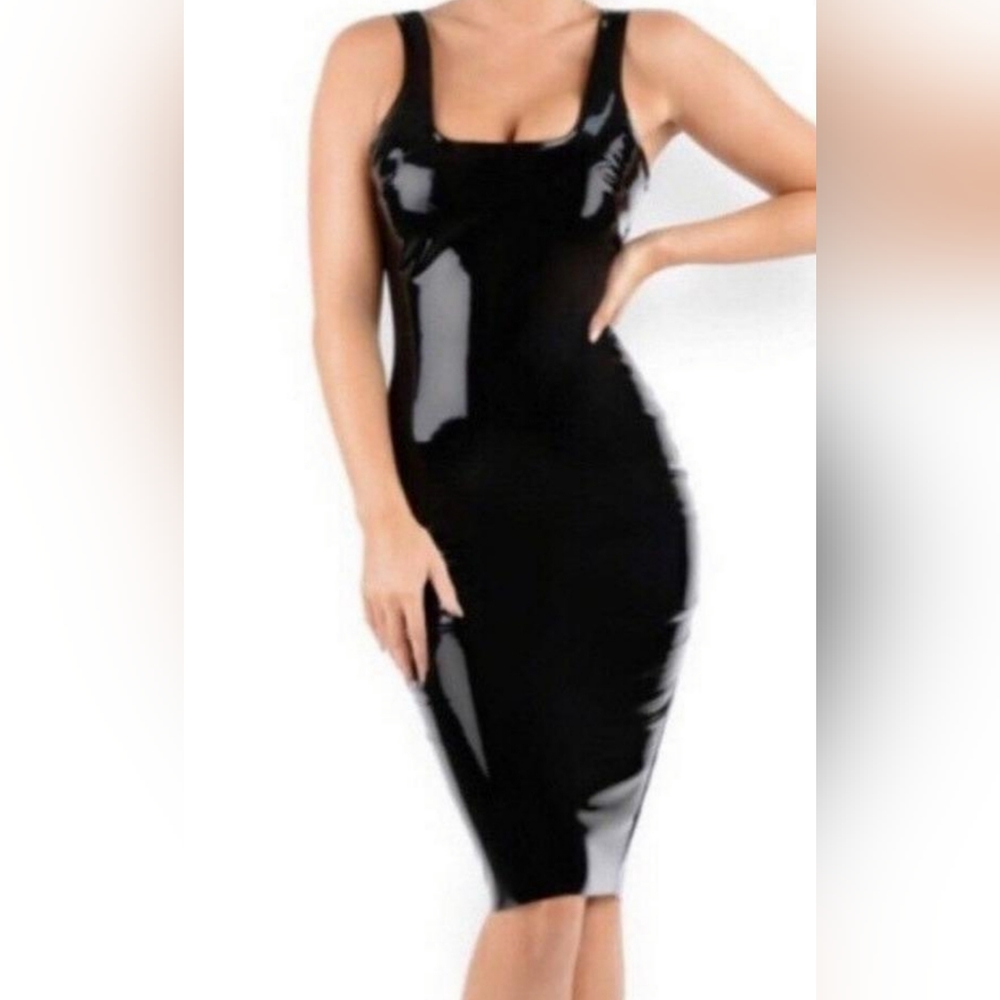 Oh Polly Vinyl Latex Midi Dress Black